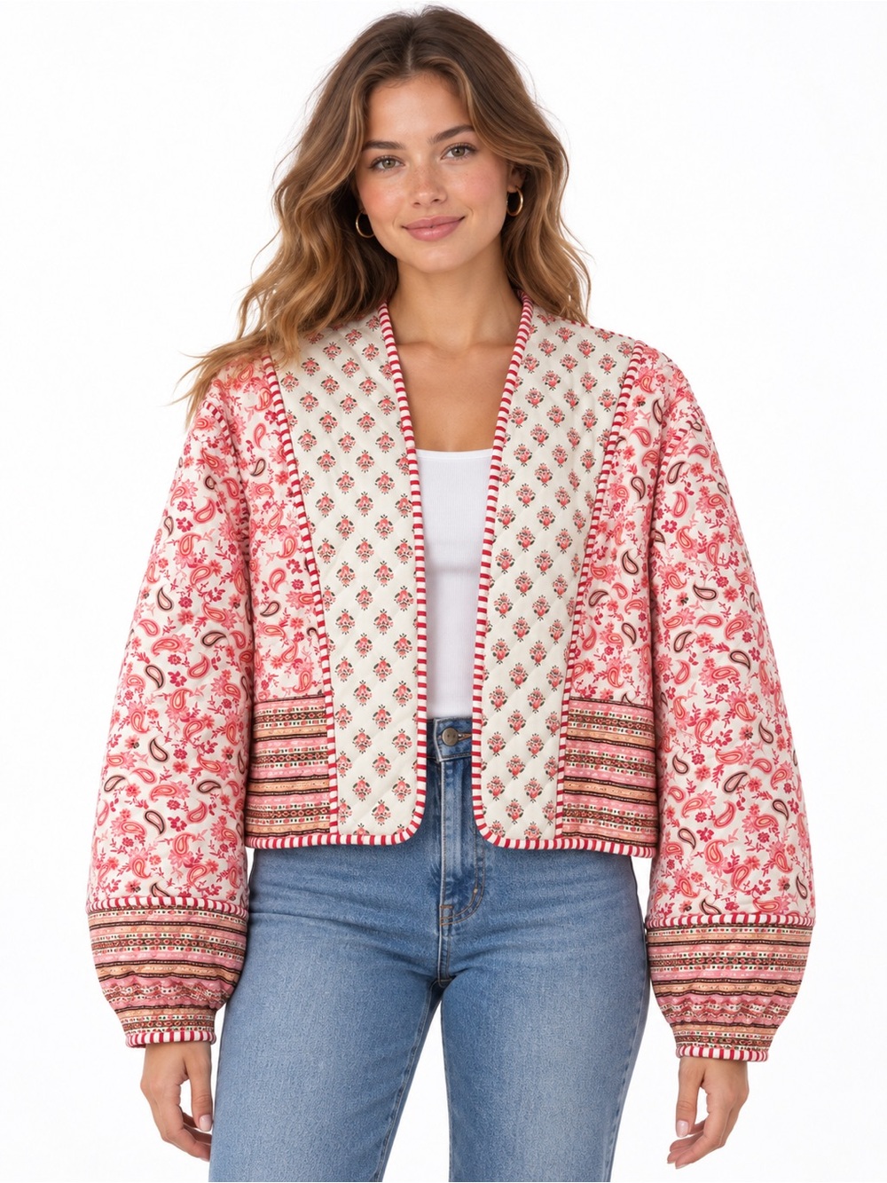 SundayUp Medium Quilted Floral Paisley Jacket Cropped Open Front Boho